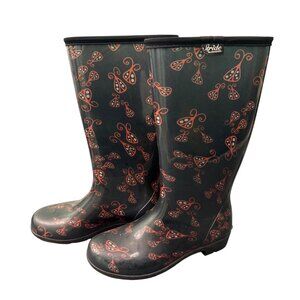 Stride Sloggers Womens Rubber Rain Boots With Red & Black Paisley Print Size 9